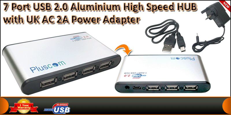 7 Port USB 2.0 Aluminium High Speed HUB with UK AC