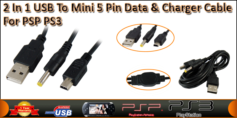 2 In 1 USB to Mini 5Pin Data & Power Cable for PSP