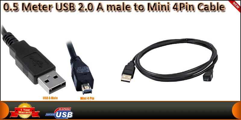 0.5 Meter USB 2.0 A male to Mini 4Pin Cable