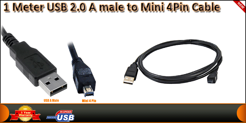 1 Meter USB 2.0 A male to Mini 4Pin Cable