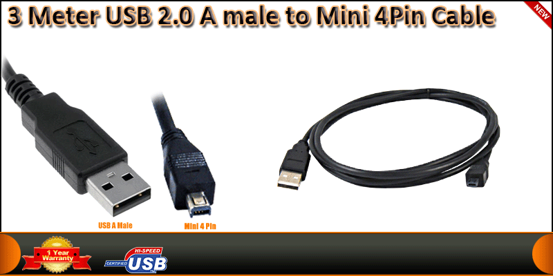 3 Meter USB 2.0 A male to Mini 4Pin Cable