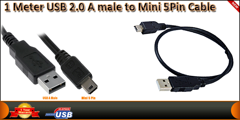 High Quality 1 Meter USB 2.0 A Male to Mini B 5Pin