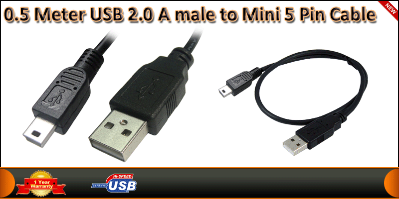 High Quality 50CM USB 2.0 A male to Mini 5Pin B Ca