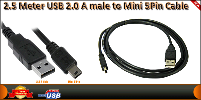 2.5 Meter USB 2.0 A male to Mini 5Pin Cable