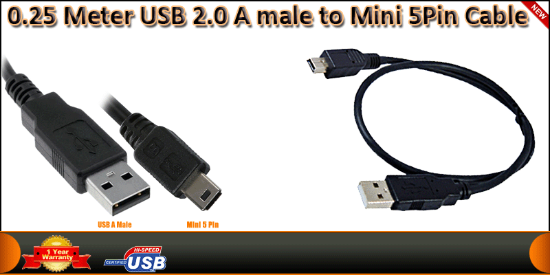 0.25 Meter USB 2.0 A male to Mini 5 Pin Cable