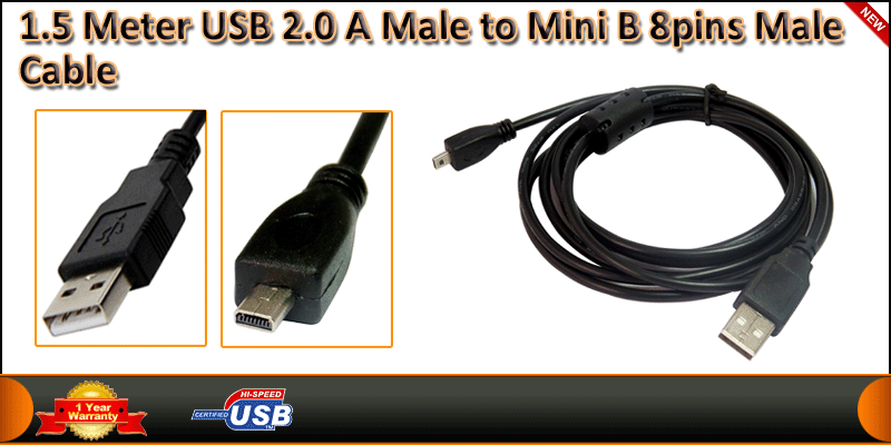 1.5Meter USB2.0 A Male to Mini B 8 pins Male Cable