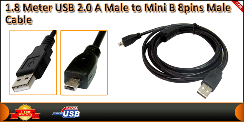 1.8Meter USB2.0 A Male to Mini B 8 pins Male Cable