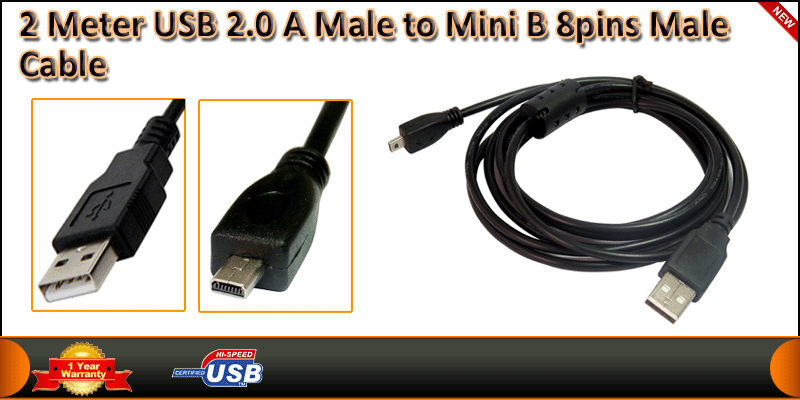 2Meter USB2.0 A Male to Mini B 8 pins Male Cable