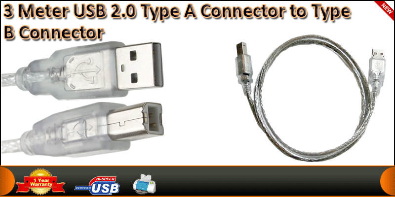 3 Meter USB 2.0 Type A Connector to Type B Connect