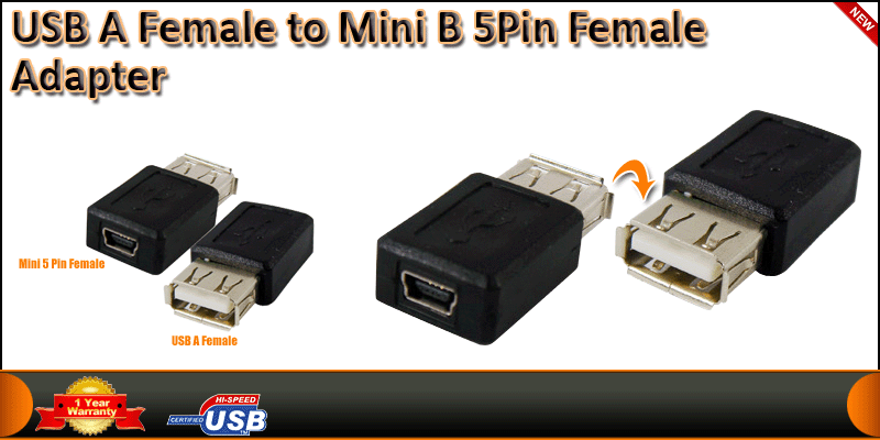 USB A Female to Mini B 5 pin Female Adapter