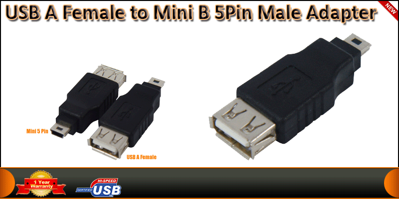 USB A Female to Mini B 5 Pin Male Adapter