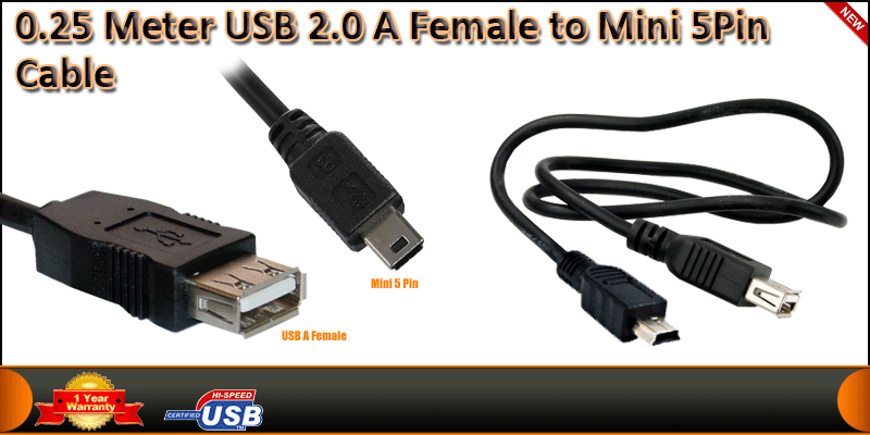 0.25 Meter USB 2.0 A Female to Mini 5Pin Cable