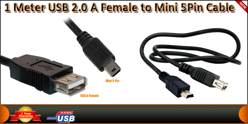 1 Meter USB 2.0 A Female to Mini 5Pin Cable
