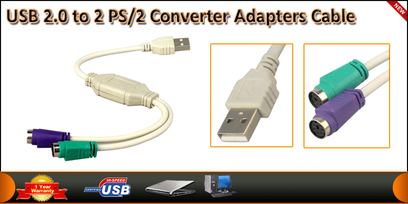 USB 2.0 to 2 PS/2 Converter Adapters Cable