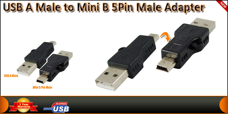 USB A Male to Mini B 5 Pins Male Adapter