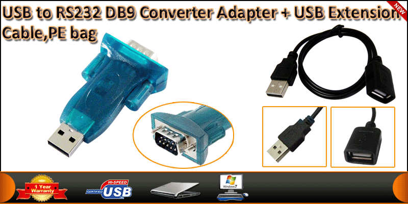 USB to RS232 DB9 Converter Adapter + USB Extension