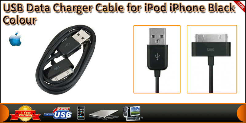 USB Data Charger Cable for iPod iPhone Black Color