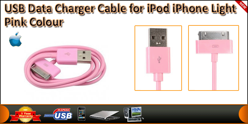USB Data Charger Cable for iPod iPhone Light Pink 