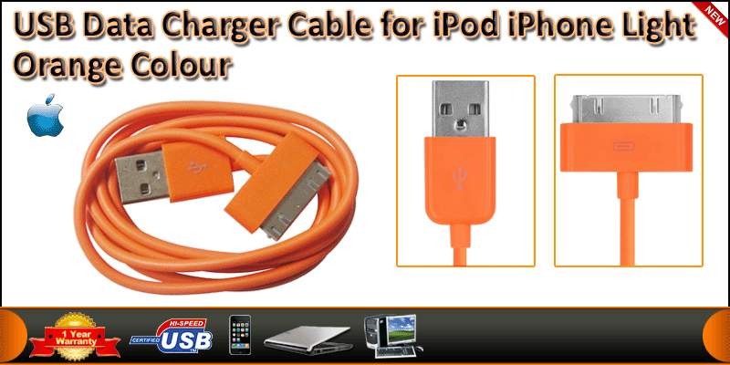 USB Data Charger Cable for iPod iPhone Orange Colo
