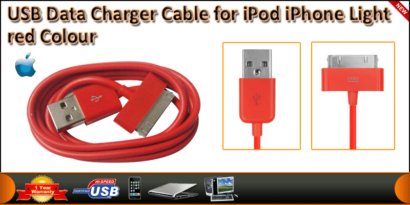 USB Data Charger Cable for iPod iPhone Red Color