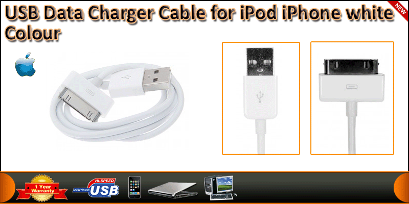 USB Data Charger Cable for iPod iPhone White Color