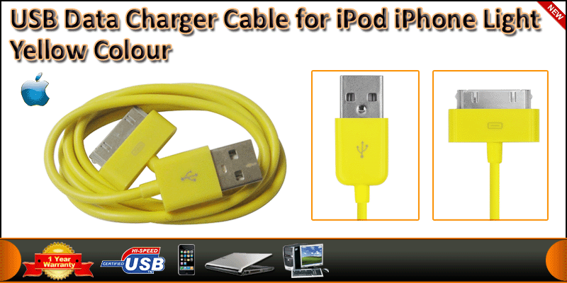 USB Data Charger Cable for iPod iPhone Yellow Colo