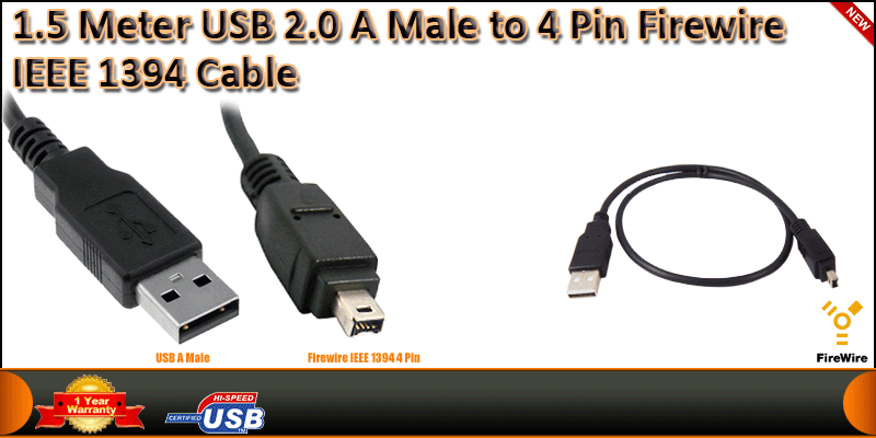 1.5 Meter USB 2.0 A Male to 4Pin Firewire IEEE 139