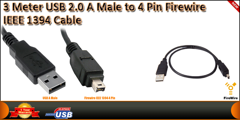 3 Meter USB 2.0 A Male to 4Pin Firewire IEEE 1394 