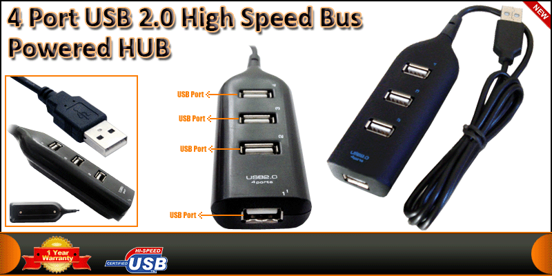 4 Port USB 2.0 High Speed Bus Powered HUB (Black)