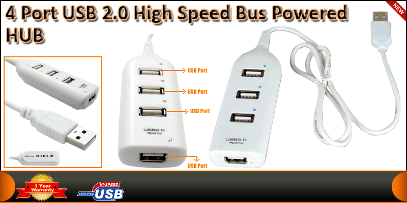 4 Port USB 2.0 High Speed Bus Powered HUB (White)