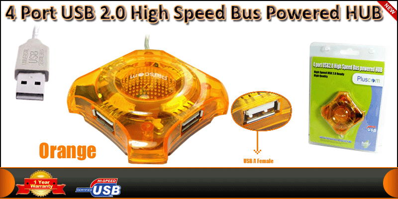 4 Port USB 2.0 High Speed Bus Powered HUB (Orange)