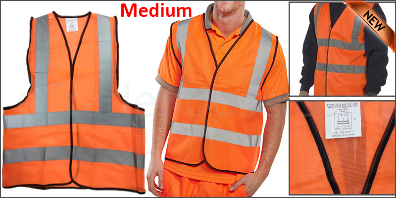 Medium Orange High Viz Visibility Reflective Strips Vest EN471 Waistcoat Safety     