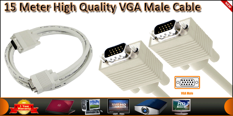 15M High Quality SVGA VGA Male to Male Cable White