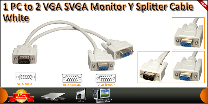 1 PC to 2 VGA SVGA Monitor Y Splitter Cable