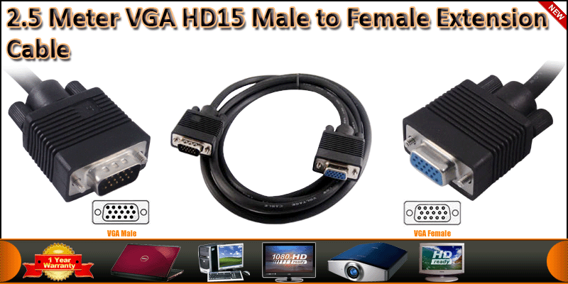 2.5 Meter VGA HD15 Male to Female Extension Cable