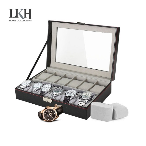 12 Grid Slot Watch Box Transparent Glass Display Organizer Watch Jewelry Wooden Storage Box
