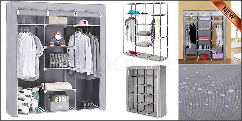 Large Grey Canvas Wardrobe Foldable Clothes Cupboard. Storage Organiser Shelving