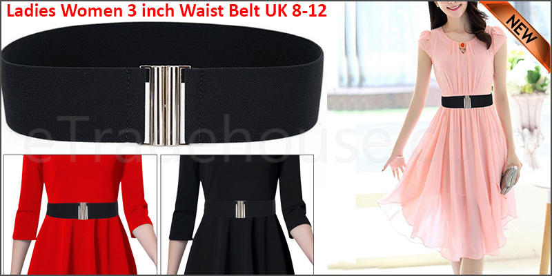 Ladies Women 3 inch Black Silver Buckle Wide Stretch Elastic Waist Belt UK 8-12