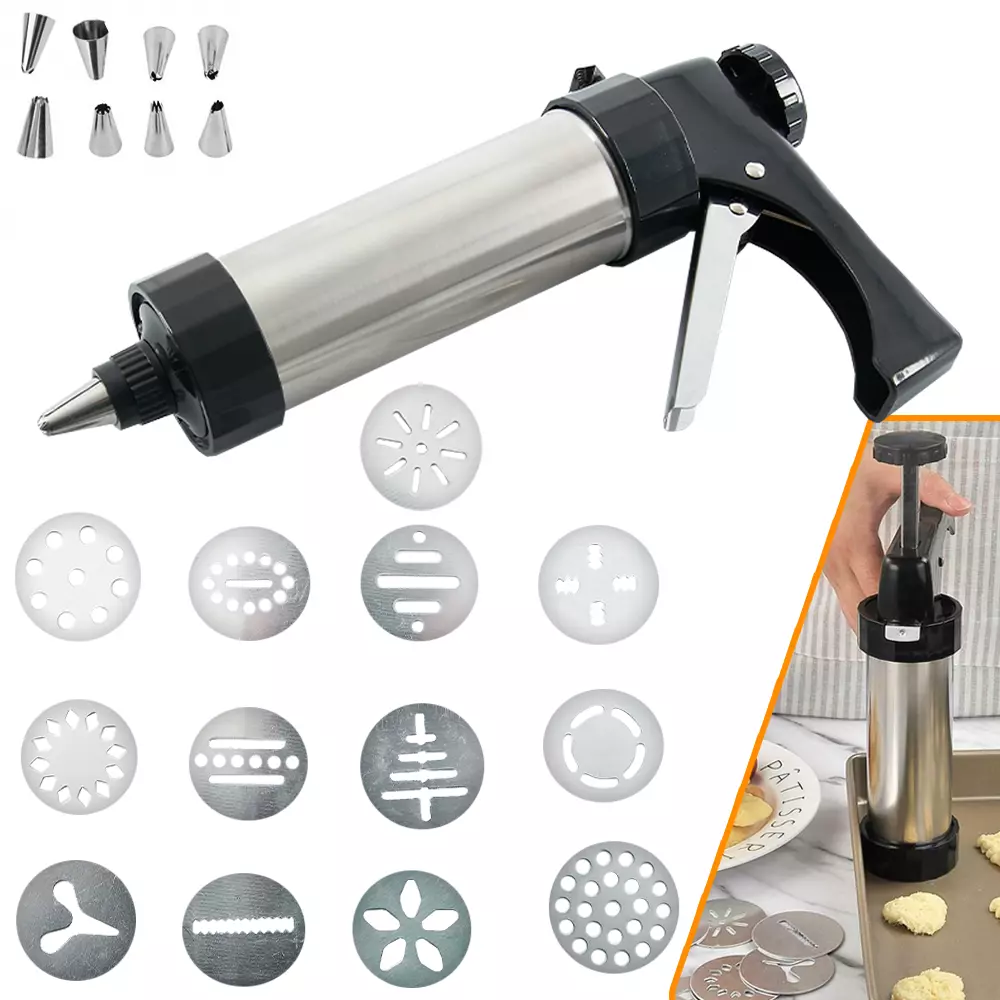 STAINLESS STEEL 22PCS BISCUIT COOKIE ICING CAKE DECORATING SET PIPING GUN