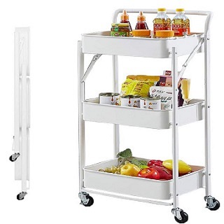 Storage Trolley Cart, 3 Tier Foldable Metal Rolling Organizer Cart with Casters